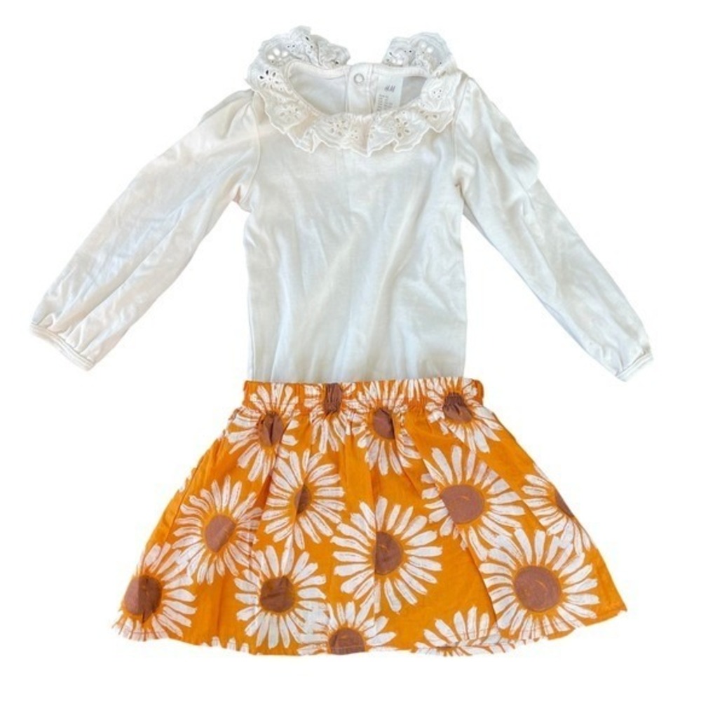 Toddler Girls Fall Outfit Eyelet Top Bodysuit Floral Skirt 2T Orange Cottagecore